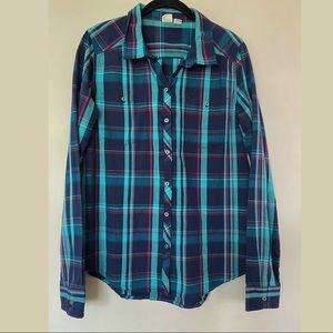 Roxy Button Down Plaid Long Sleeve Teal Blue Red Shirt Large
